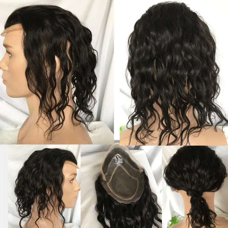 Men's Toupee Human Hair Wig 12 Inch Natural Wave European Virgin Hair 10x8 System Mens Hairpiece for black 1B color