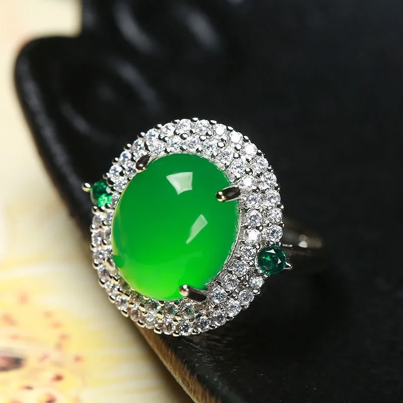 Imperial Chrysoprase Ring Women's Adjustable Opening Gold Plated Inlaid Ice Seed Agate Jade Ring Ornament