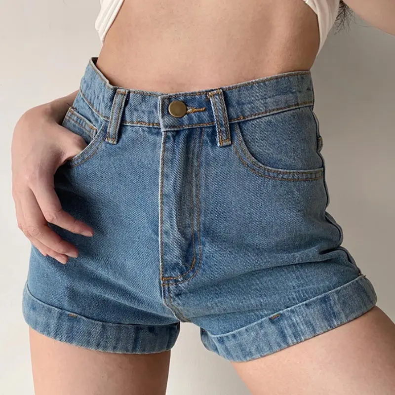 High Waist Crimping Denim Shorts for Women Summer Blue Retro Curled Wide Leg Hot Pants Casual Jeans Slim Fit Y2K Clothing