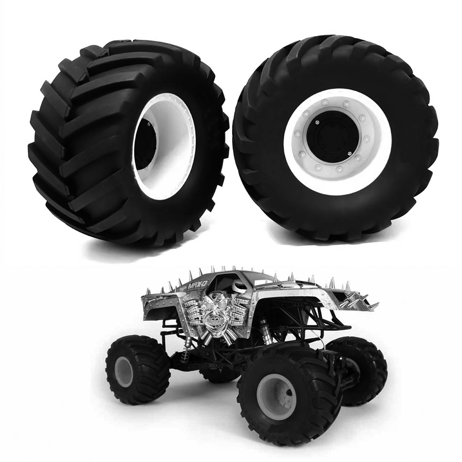 2PCS 1/8 Truck Rubber Tire w/17mm Hex Plastic Wheel Rim 173mm/91mm Rubber Rocks Tyres Set Fit for Traxxas Maxx Tmaxx E-Revo 3.3