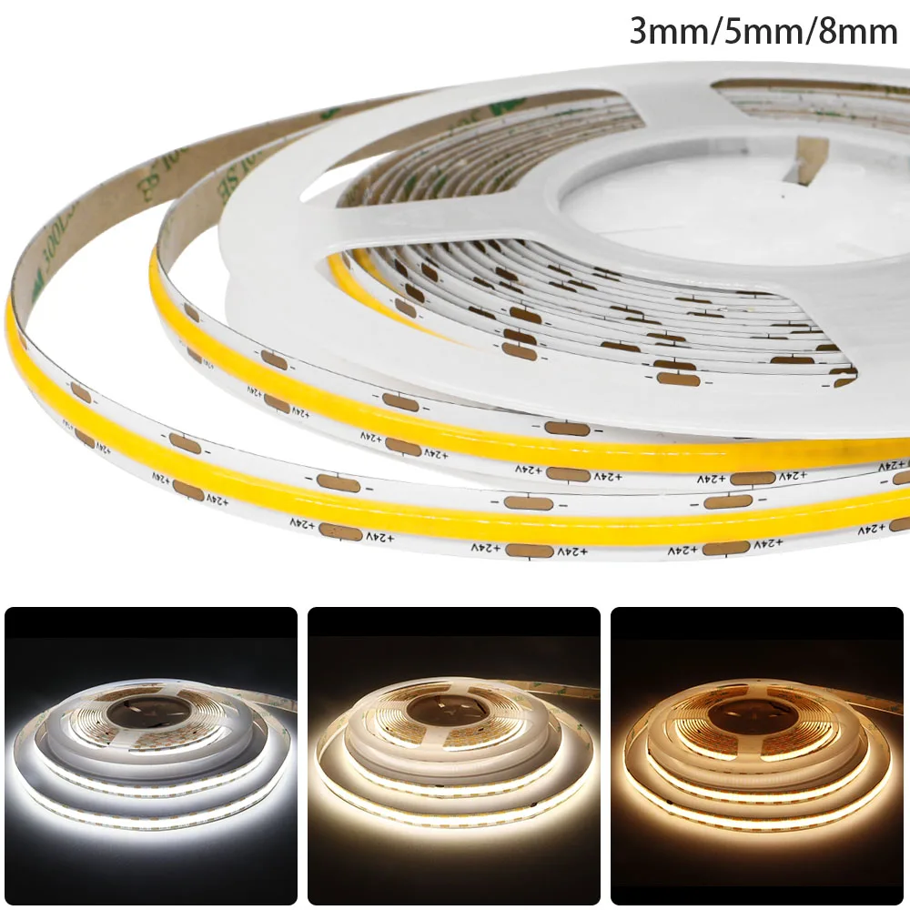

Светодиодная лента 3 мм, 5 мм, 8 мм, PCB COB, ультратонкая гибкая лента 400 светодиодов/м, регулируемая яркость, линейное освещение, высокая плотность, лампа RA90, 12 В/24 В постоянного тока