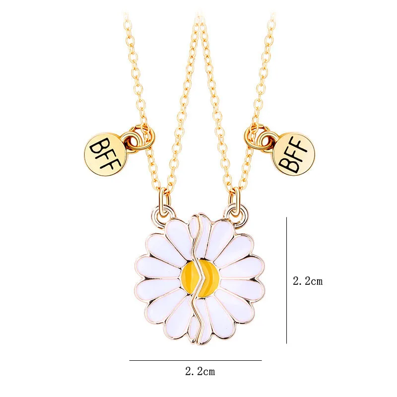 Lovecryst 2Pcs/set Small Daisy Flower Magnetic Simple Flower Drip Oil Best Friend Necklace BFF Friendship Jewelry Gifts for Kids