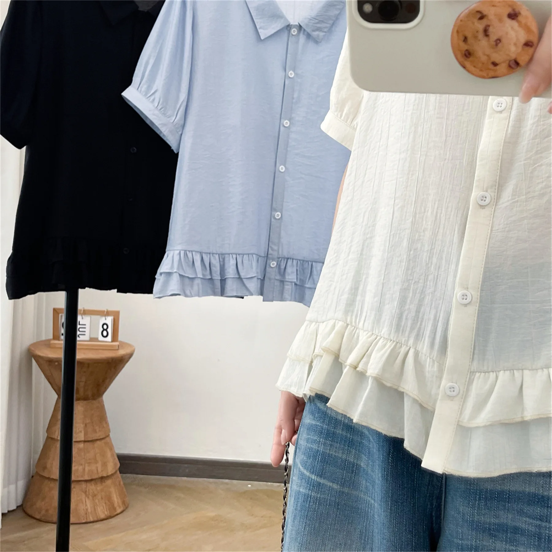 2026 Summer Plus Size Thin Ruffle Hem Open Blouse Short Sleeve Simple Daily Loose Shirt Curvy Ladies 8679 view 6