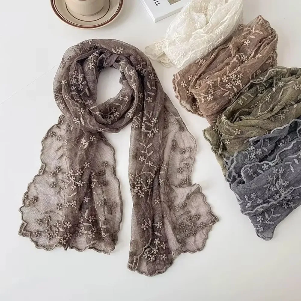 Versatile Retro Women's Lace Scarf Korean Version of Literary Long Neck Protection Scarf Embroidered Flower Female Headscarf