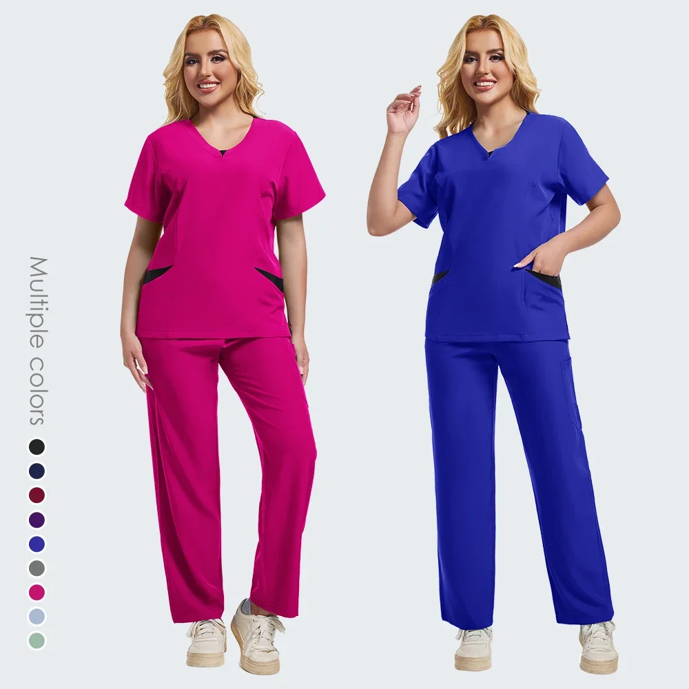 New color matching pocket V-neck Doctor nurse care work clothes Beauty salon SPA pet hospital set custom uniform frosted suit