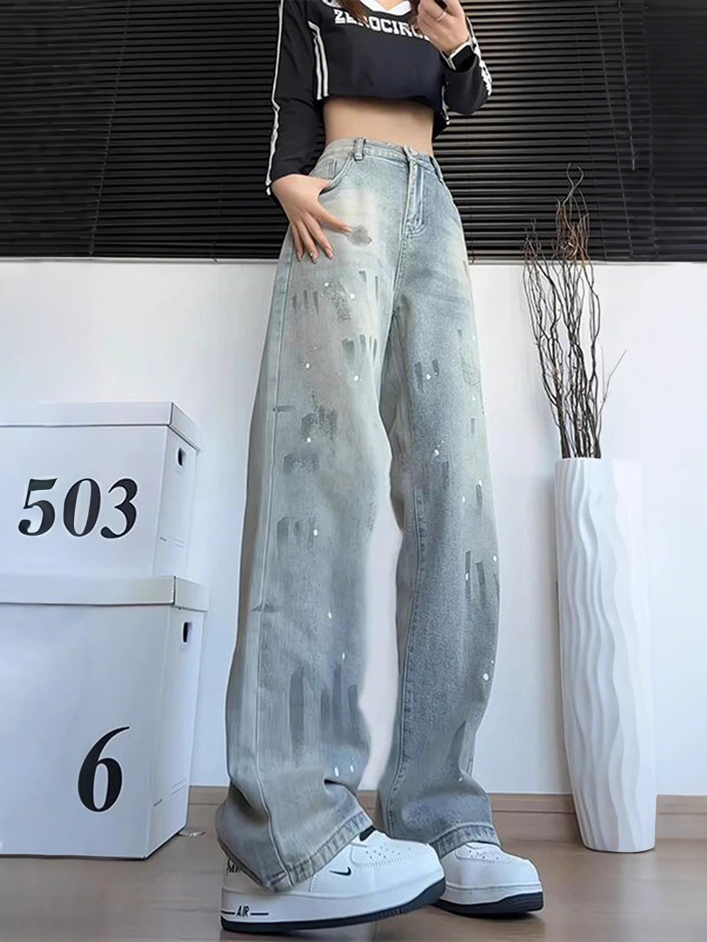 

Retro Blue Waed Splaed Ink Men's Jeans American Vibe Slim High Waist Straight Leg Micro Flared Knife Pants Casual Co...