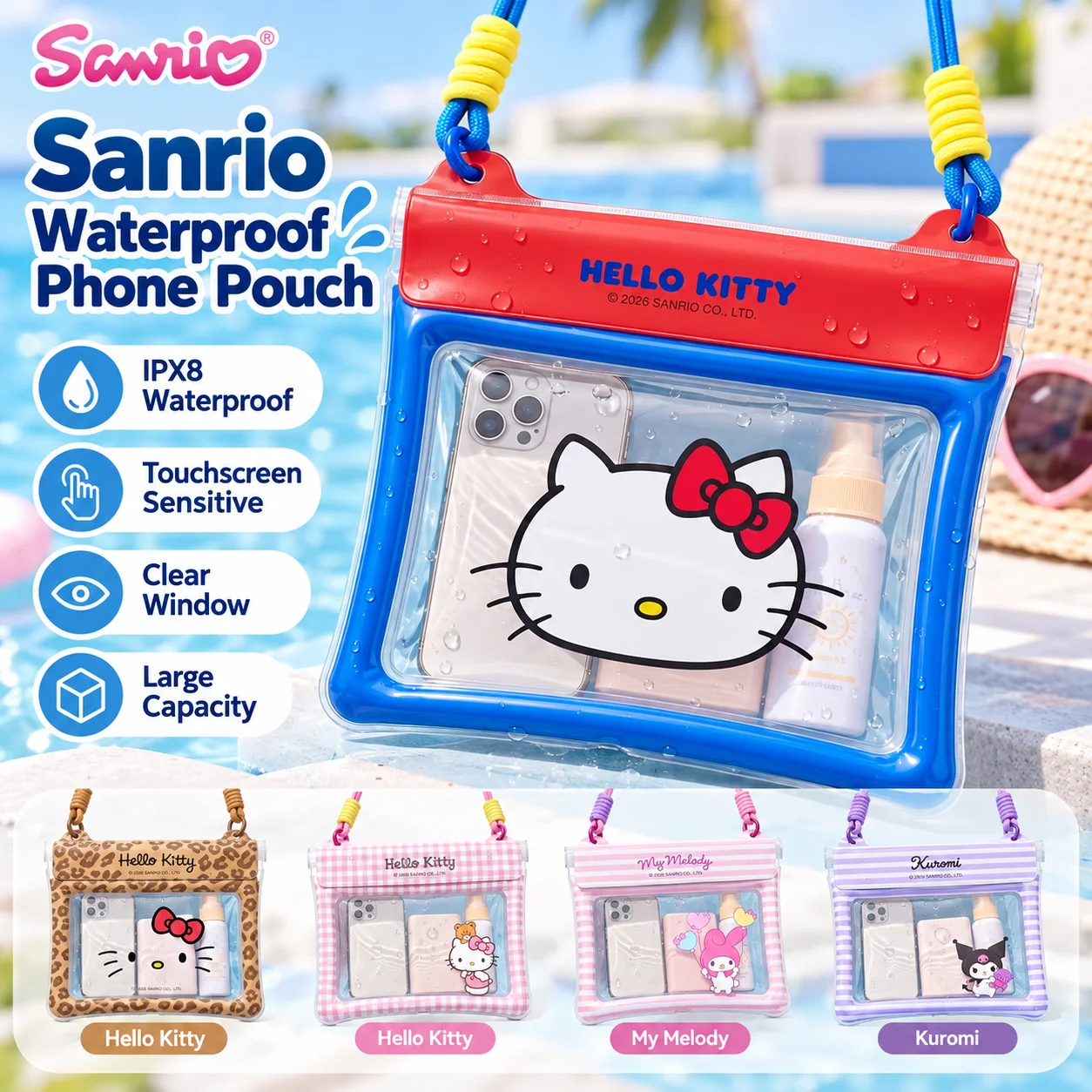 Sanrio Waterproof Phone Pouch Large Capacity Touch Sensitive Transparent Dry Bag With Lanyard For Swimming Beach Water Sports