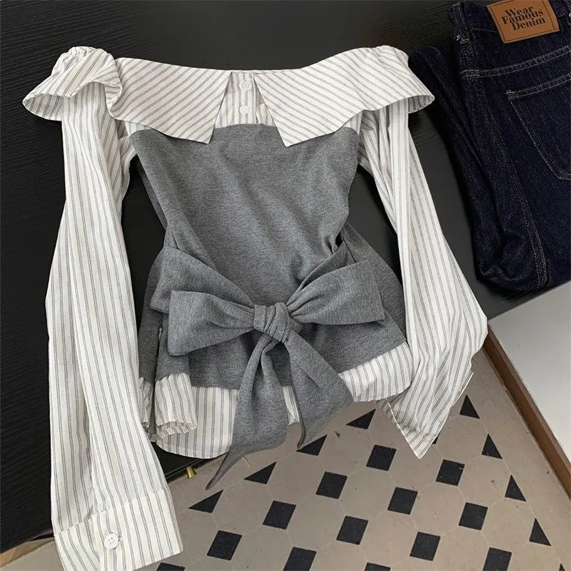 Autumn Korean Version Fake Two Pieces One-word Shoulder Stripe Waist Strap Long-sleeved Shirt Niche Design Top Exquisite Leisure