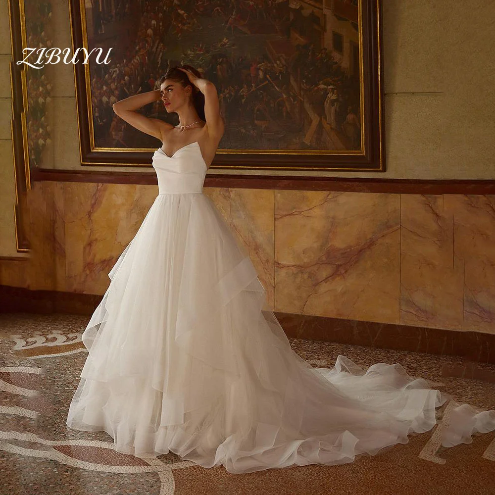 

ZIBUYU Customized Elegant Romantic Wedding Dress Sleeveless A-Line Backless Strapless Neckline Satin Bodice Lace Bridal Gowns