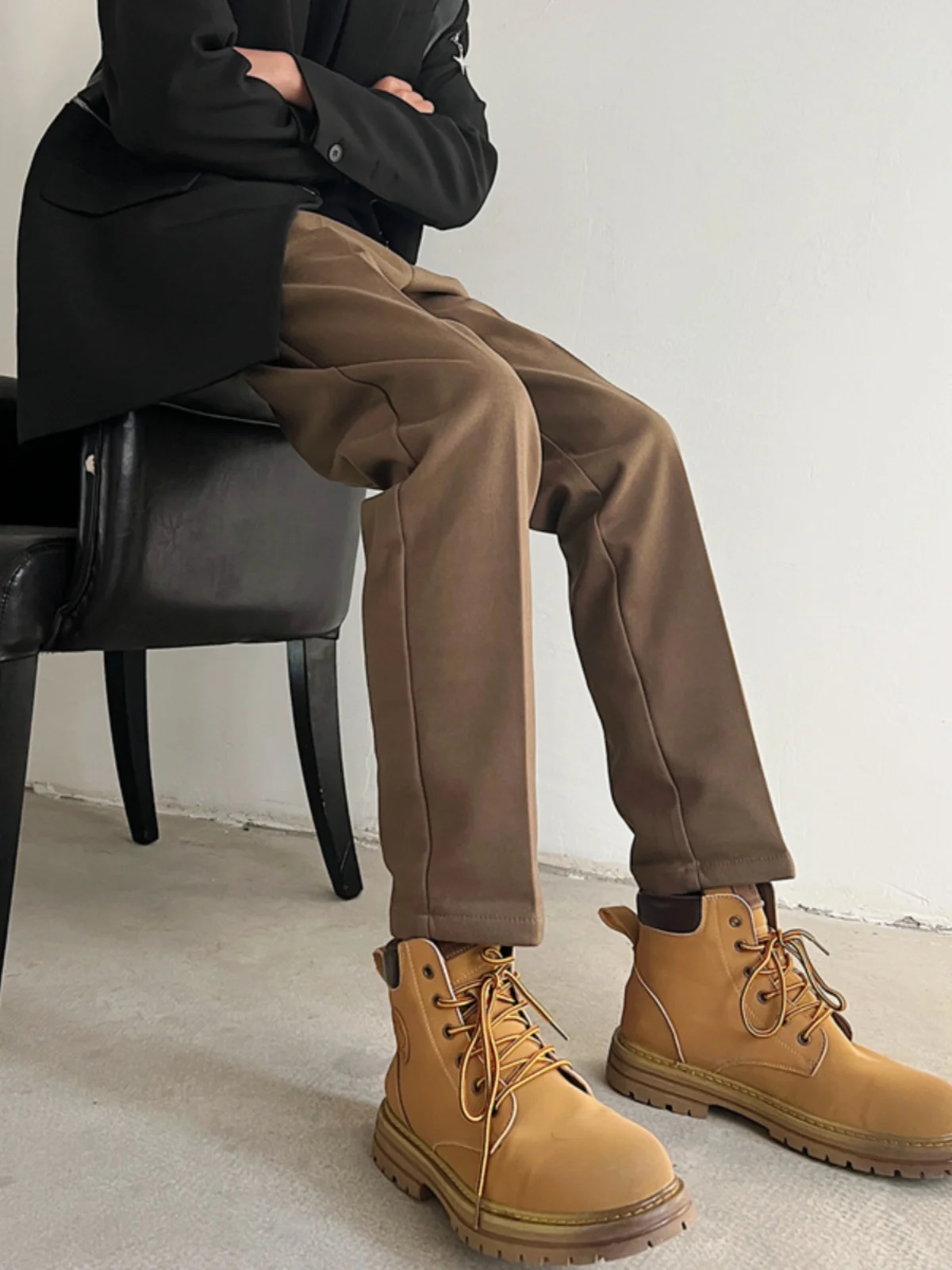 

Men's Autumn Winter Woolen Casual Pants Slim Straight Tube West Pants Boots Matching High Waist Elastic Waist Pure Color