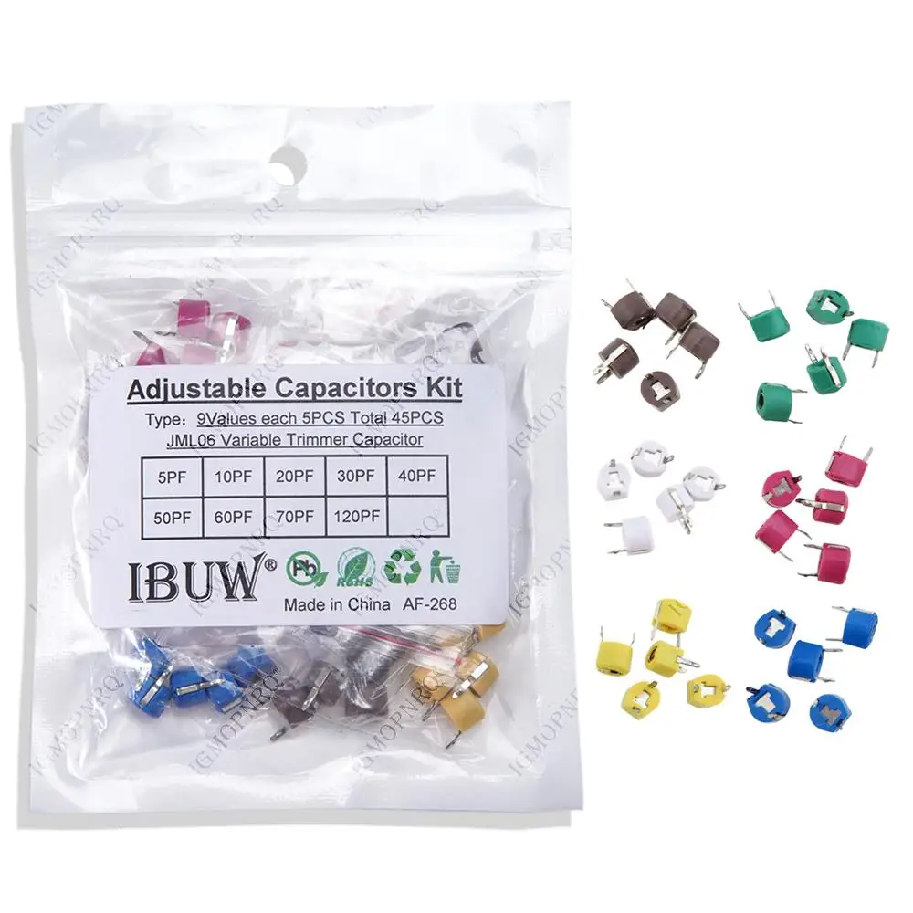 45-teiliges Sortiertes Kit für variable Trimmerkondensatoren JML06 5pf 10pf 20pf 30pf 40pf 50pf 60pf 70pf 120pf Einstellbare Kondensatoren-Set-Packung