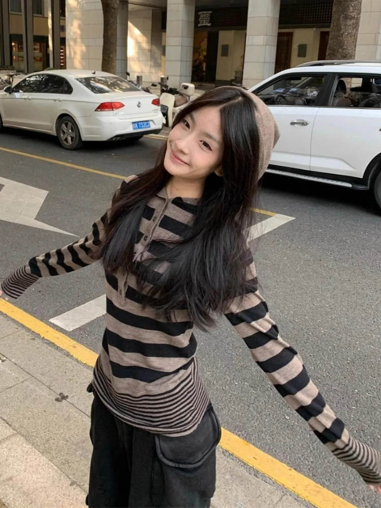 

Y2k Aesthetic Contrast Color Stripe Hooded T-shirt Women Harajuku Knitted Slim Fit ​Tshirts Preppy Style New Button ​Casual Tops