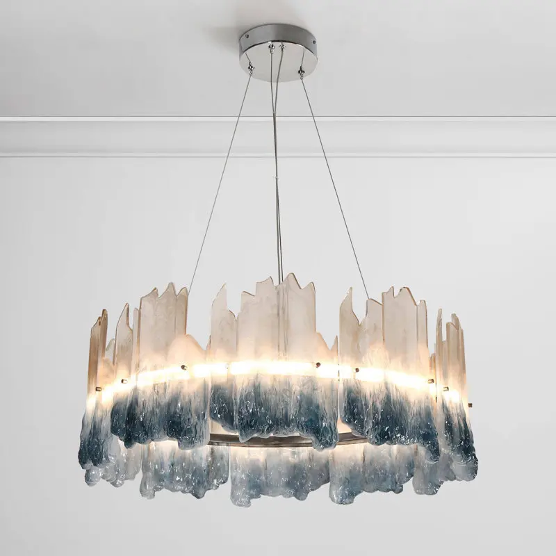 Art Deco Style Chrome Gradient Wavy Glass Ring Chandelier Pendant Light for Dining Living Room Home Decor.
