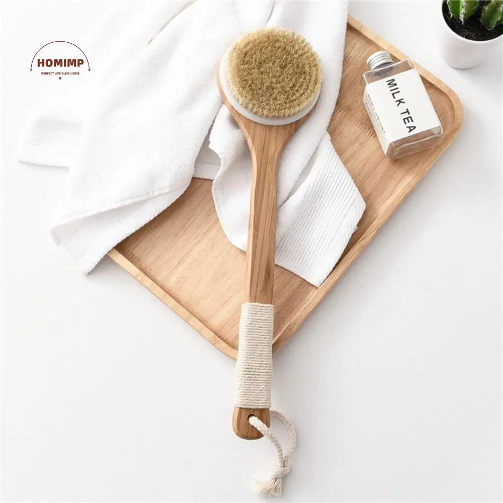 

Anti-slip Bamboo Bath Brush Soft Hair Long Handle Back Scrubber Round Head Portable Swine Bristle Bath Brush Remove Dead Skin