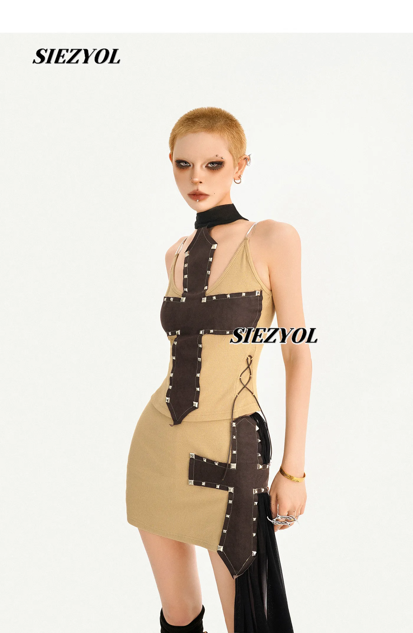 Original Design Cross Splicing Neck Vest Women's Sweet Sleeveless Tops Summer Niche Spice Girl Slim Short Skirt Two-piece Set