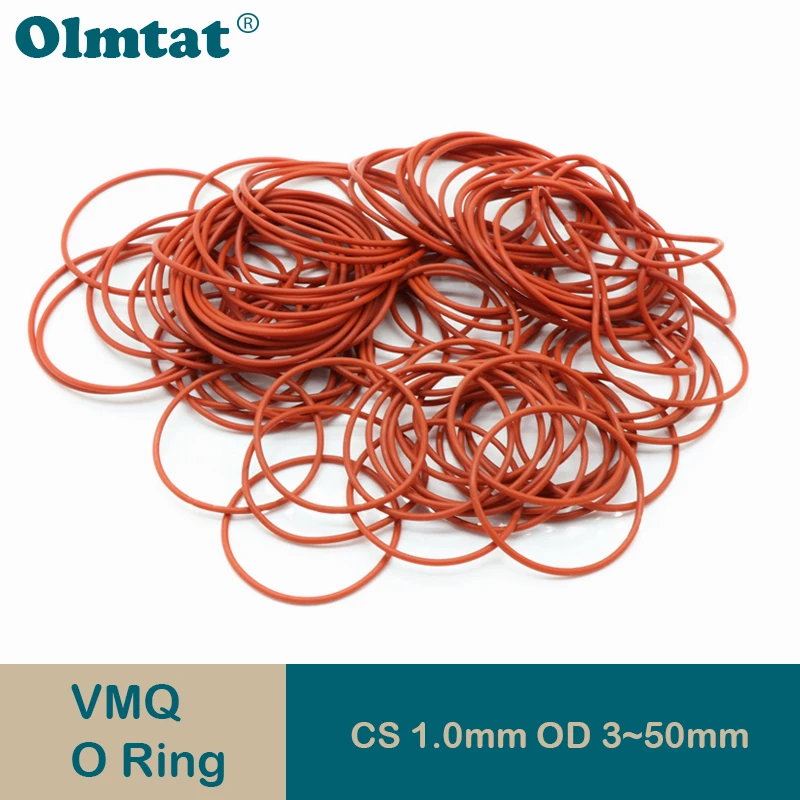 50/100Pcs Food Grade VMQ O Ring Gasket CS 1mm OD 3 ~ 50mm Waterproof Washer Round O Shape Rubber Silicone Ring Red