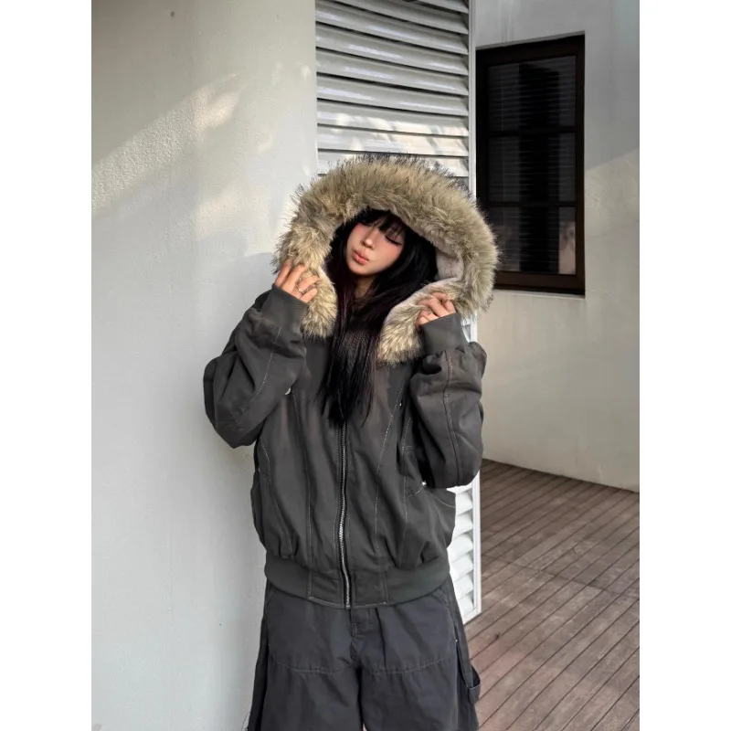Y2k Street-cárdigan cálido Vintage para mujer, Sudadera con capucha holgada, moda de otoño e invierno, cuello de piel, sombrero, Sudadera con capucha, sudadera con cremallera de calle