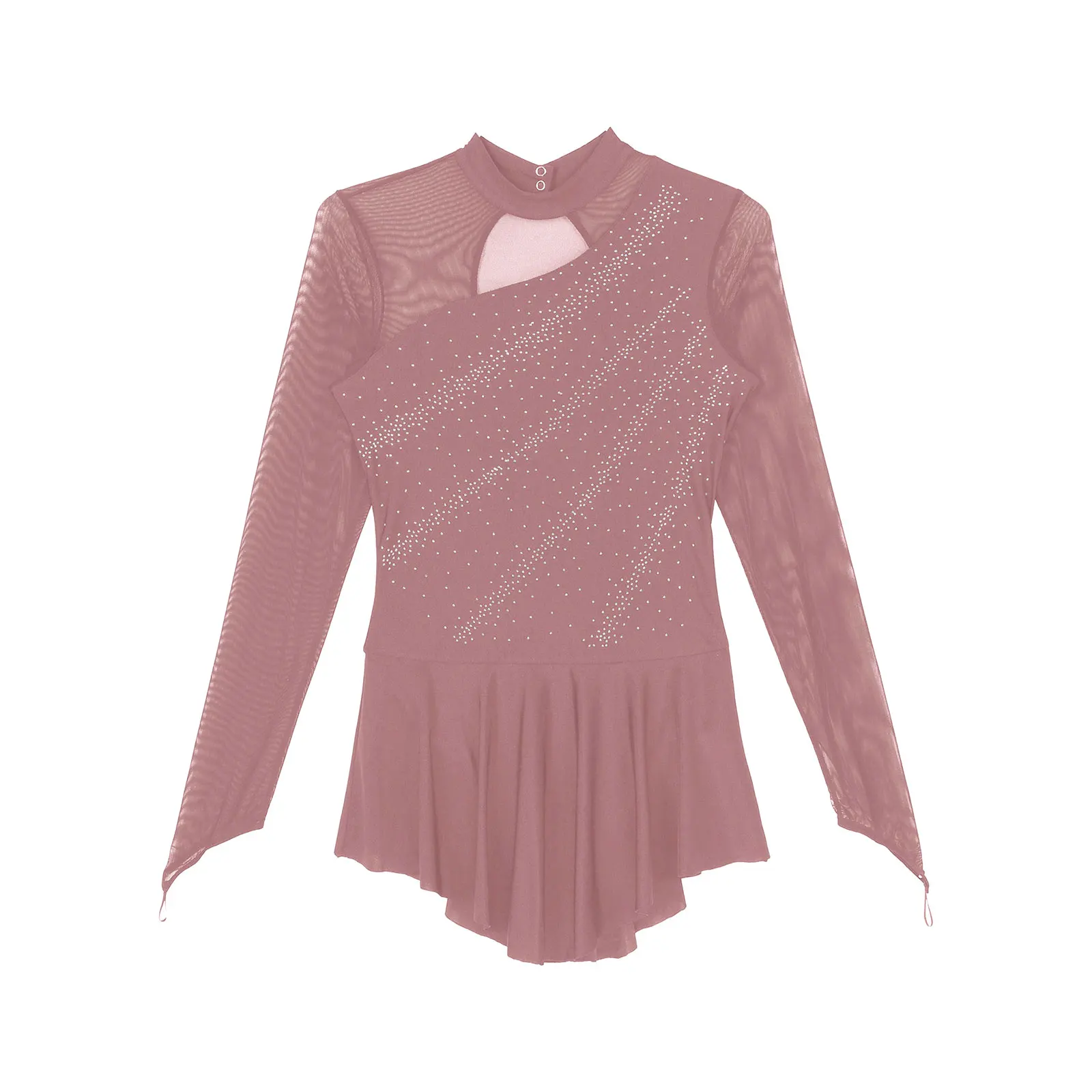 Vestito da body da ginnastica per balletto da donna maglia trasparente manica lunga con strass figura abito da pattinaggio su ghiaccio abbigliamento