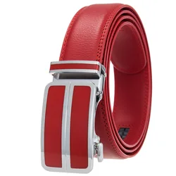 Red Belt Men Luxury Brand Men's Genuine Leather Automatic Buckle Ratchet Belt No Holes Cinturones Hombre Dropshipping
