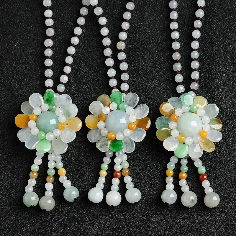 Jade Myanmar Jadeite A-grade Sunflower Pendant Necklace Round Beads Sweater Chain Women's Jadeite Jewelry Pendant