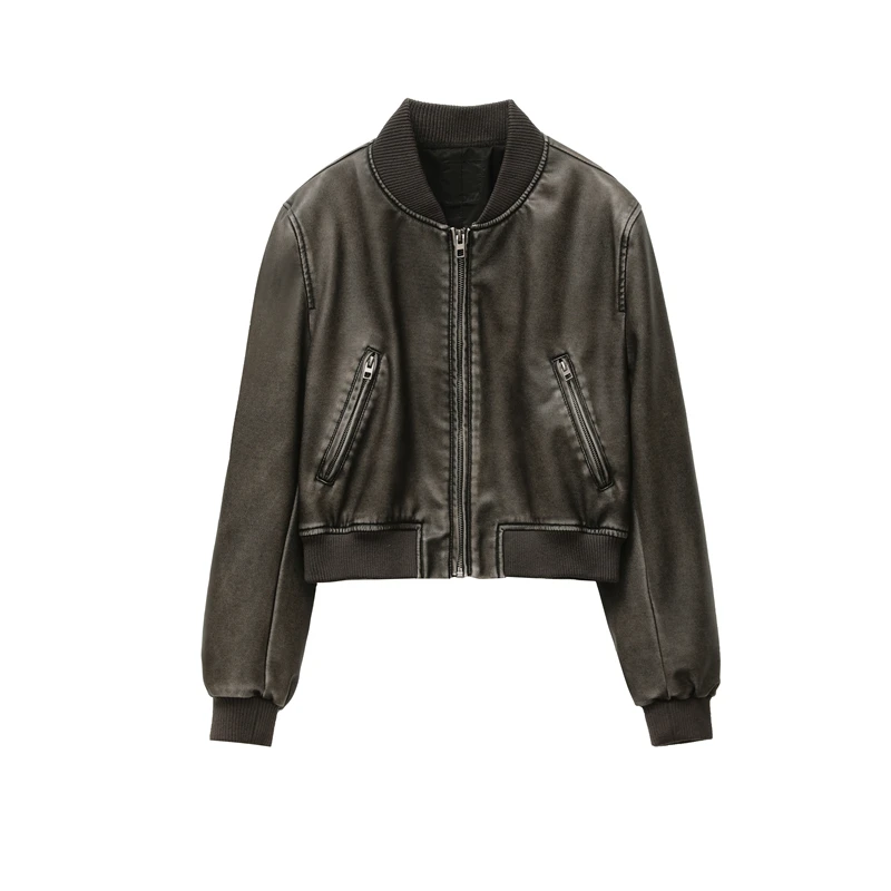 Women's 2023 new vintage imitation leather bomber jacket coat top women's style