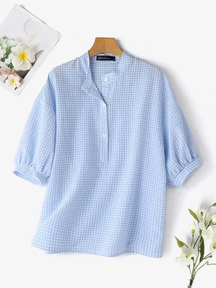 ZANZEA Summer Fashion O Neck Half Sleeve Blouse Women Plaid PChecked Shirt Female Elegant Work Blusas Casual Buttons Down Tops