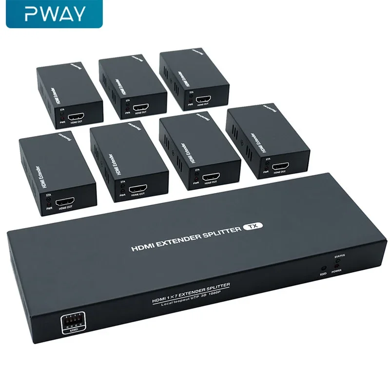 PWAY 50m HDMI Over IP Extender 1X7 Port Over Cat5e/Cat6 Ethernet Cable No delay Up and Resolution Up to 1080P@60Hz(1 In 7 Out)