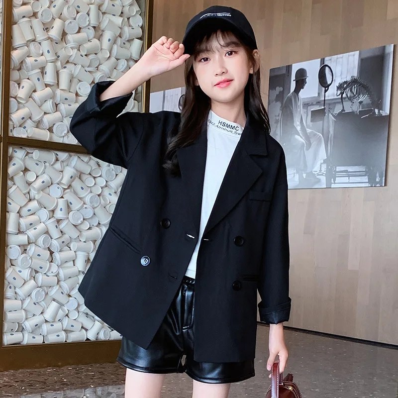 Kids Girls Jacket Spring Autumn Fashion Korean Long Sleeve Black Suit Jackets for Girls Teenager Button Blazer Cardigan Jackets