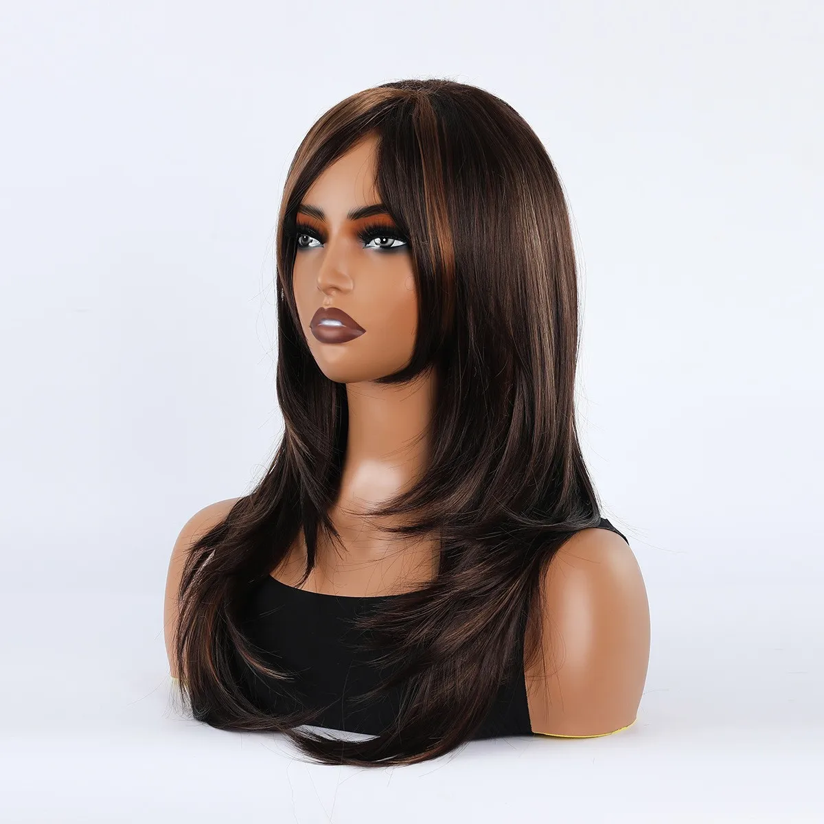 باروكة، غرة طويلة، طول الكتف، شعر متوسط الطول، شعر مستعار من الألياف الاصطناعية باللونين البني والأسود المتدرج