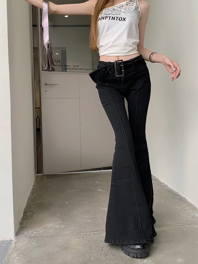 Women Japanese Y2k Streetwear Harajuku Fashion Bell Bottoms Denim Pants Long Trousers 2000s Grunge Flare Jeans Gyaru Goblin Core