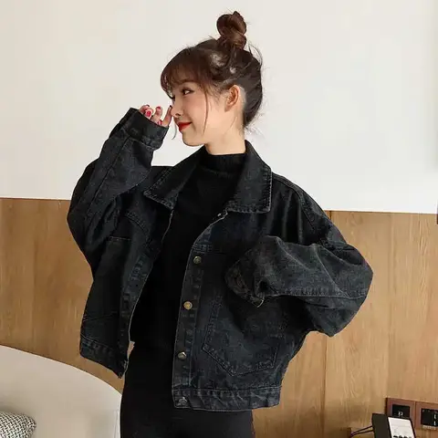 여성용 블랙 데님 짧은 재킷, 루즈 싱글 브레스트 버튼 포켓, 한국 스타일 시크 레트로 하라주쿠 캐주얼 스트리트웨어