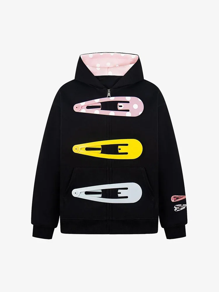 2026 Herbst Winter Damen Y2K Kawaii Oversized Zip-Up Hoodie mit 3D-Riesen-Haarspangen-Dekor und Polka Dots Kapuze, Grau, Lässiger Sweatshirt – Detail 8