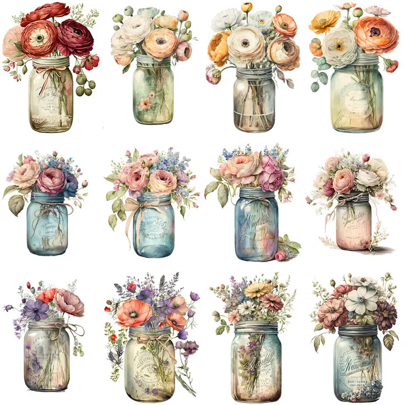 12Pcs/Pack Flower Glass Bottle Sticker DIY Craft Scrapbooking Album Junk Journal Decorative Stickers