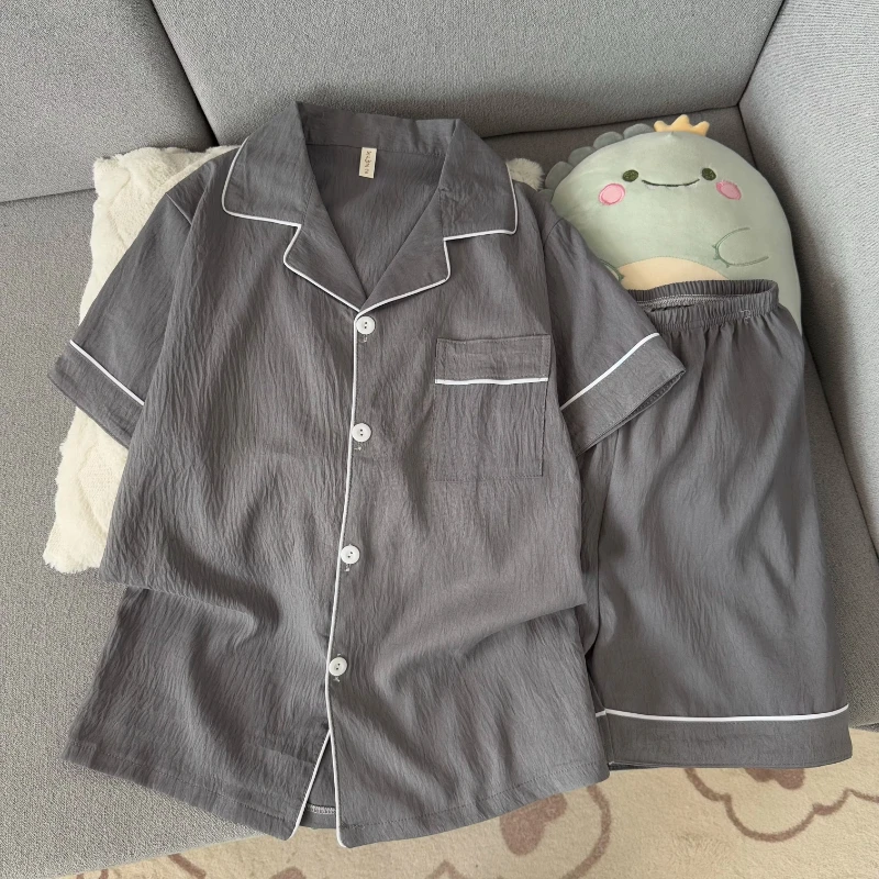 High Quality Men's Double Short Two Piece Sleepwear Simple Solid Color Collar Cardigan Home Clothes Can Be Worn Outside Pajamas