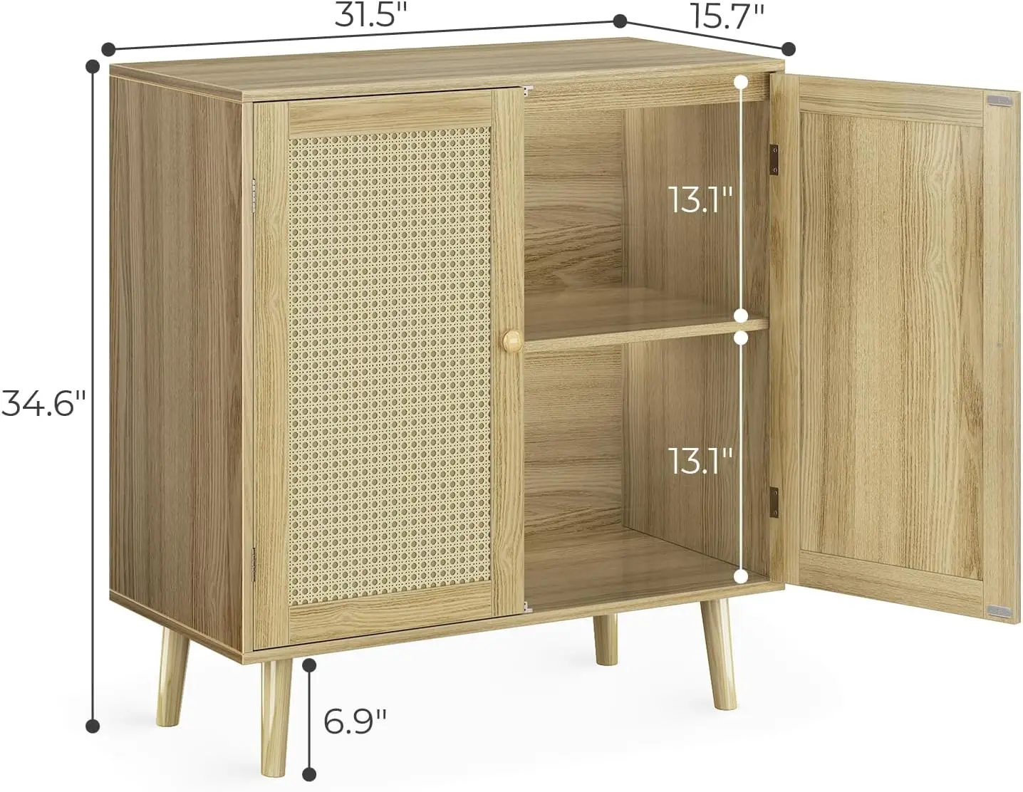 Buffetschrank mit Stauraum, Aufbewahrungsschrank mit Dekortüren aus PE-Rattan, Akzent mit Massivholzfüßen, Sideboard