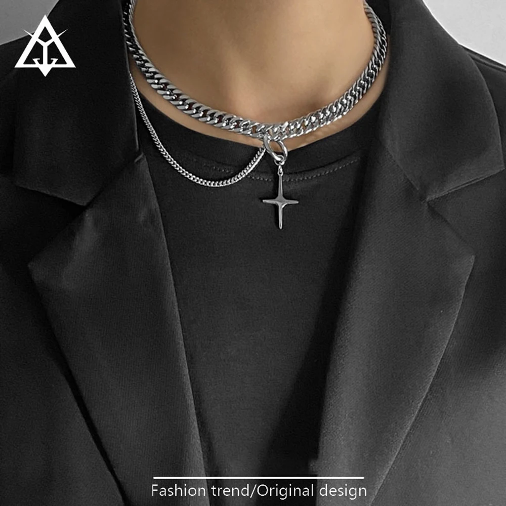 Hip-hop Tide Brand Silver Color Stainless Steel Thick Cuban Chain Cross Star Pendant Necklace Men Jewelry Punk Choker