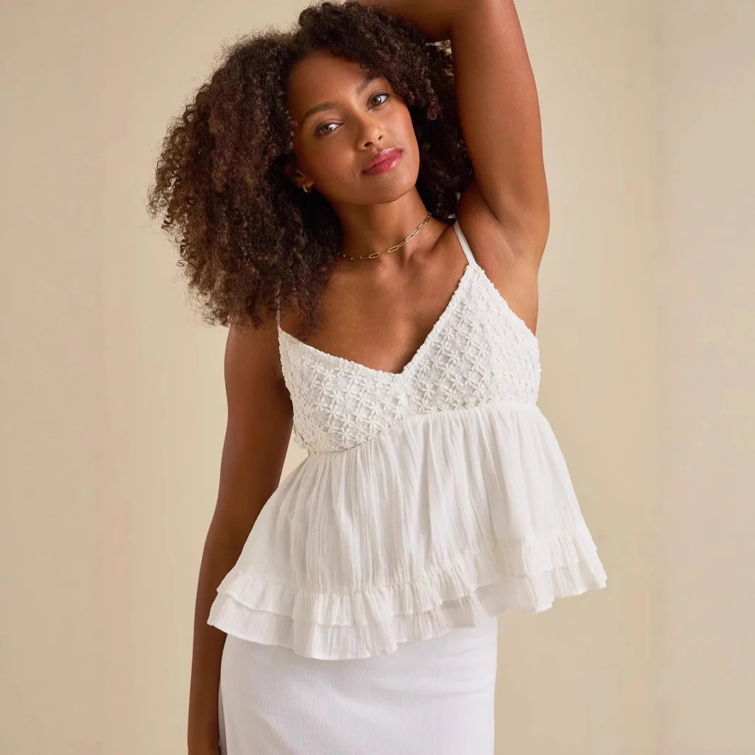 

Модный кружевной топ с V-образным вырезом и лямками, свободный крой, женская одежда S32325, новинка для трансграничной торговли, женские топы-бандо