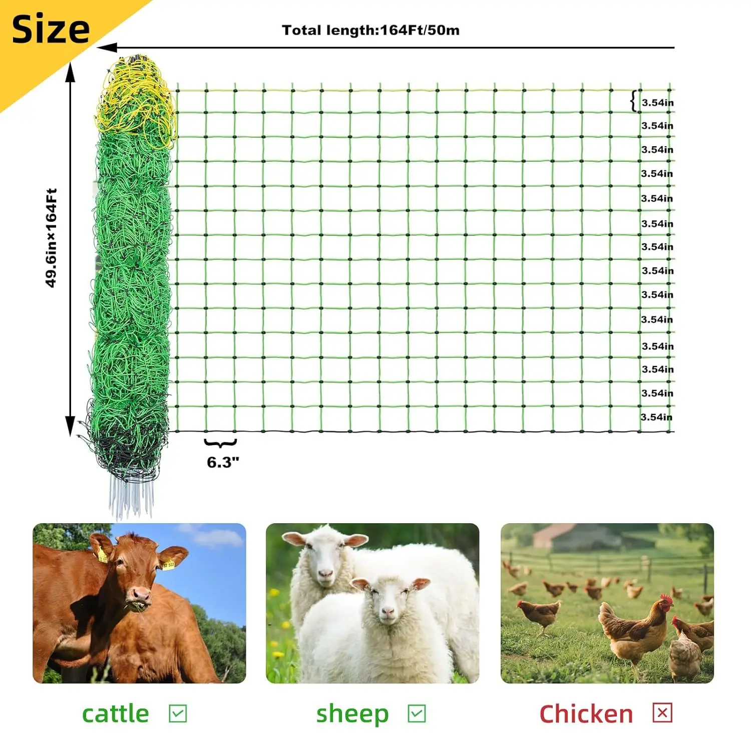 Electric Fence Netting 164'Lx49.6"H with 14 Poles for Pigs Cows Sheep Portable Farm Ranch