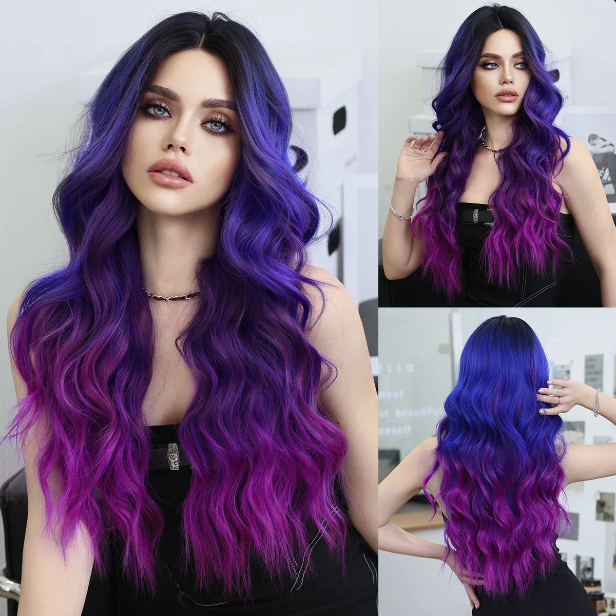 NAMM Lace Front Wig Synthetic Dream Blue Purple Highlights Long Wavy Wig for Women Natural Looking Lace Mid Split Wig