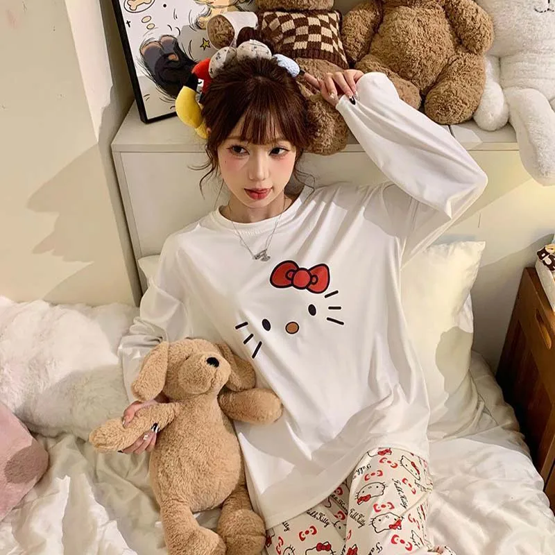かわいいハローキティ女性パジャマセット春秋アニメ長袖パンツツーピースセット女の子ホームウェアカジュアルルーズラウンジウェア
