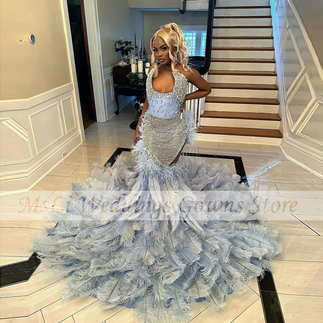 Luxury Blue Mermaid Prom Dress 2024 Elegant Sleeveless Crystal Tassel Feather Hem Graduation Party Dresses Wedding Party Gowns