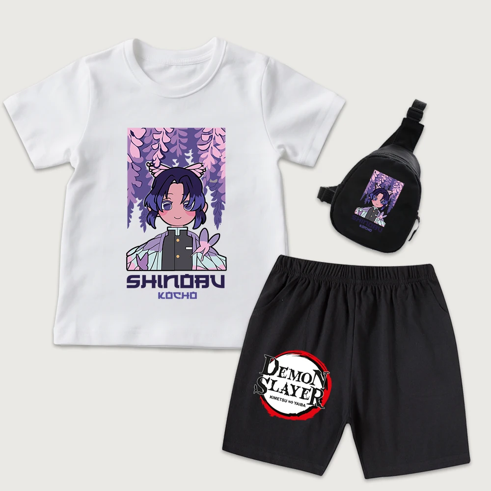 Demon Slayer Chibi Shinobu Kocho - Conjunto de camiseta y pantalones cortos de algodón con estampado de anime para niños, con mini bolsa de pecho, conjunto de 3 piezas para niños y niñas