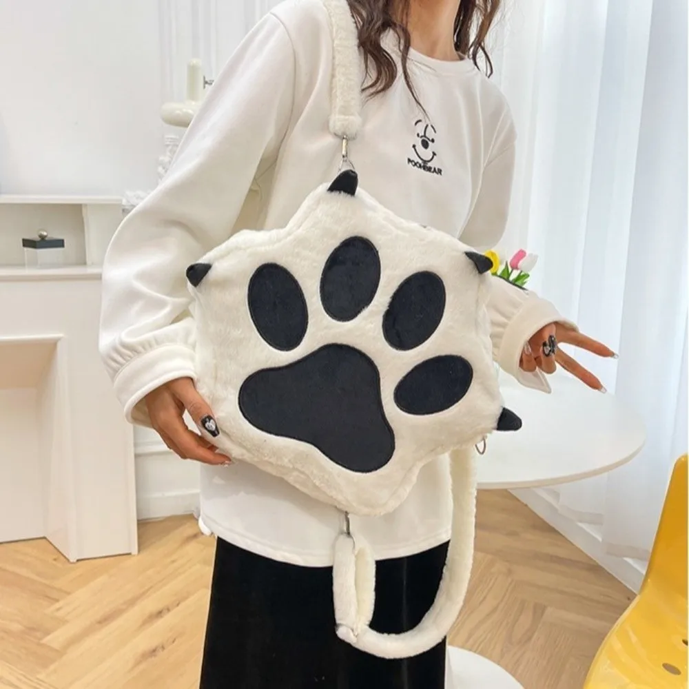 Kawaii White Puppy Cat Paw Backpack Big Capacity Shoulder Bag Adjustable Straps Soft Fluffy Handbag For Girls Women