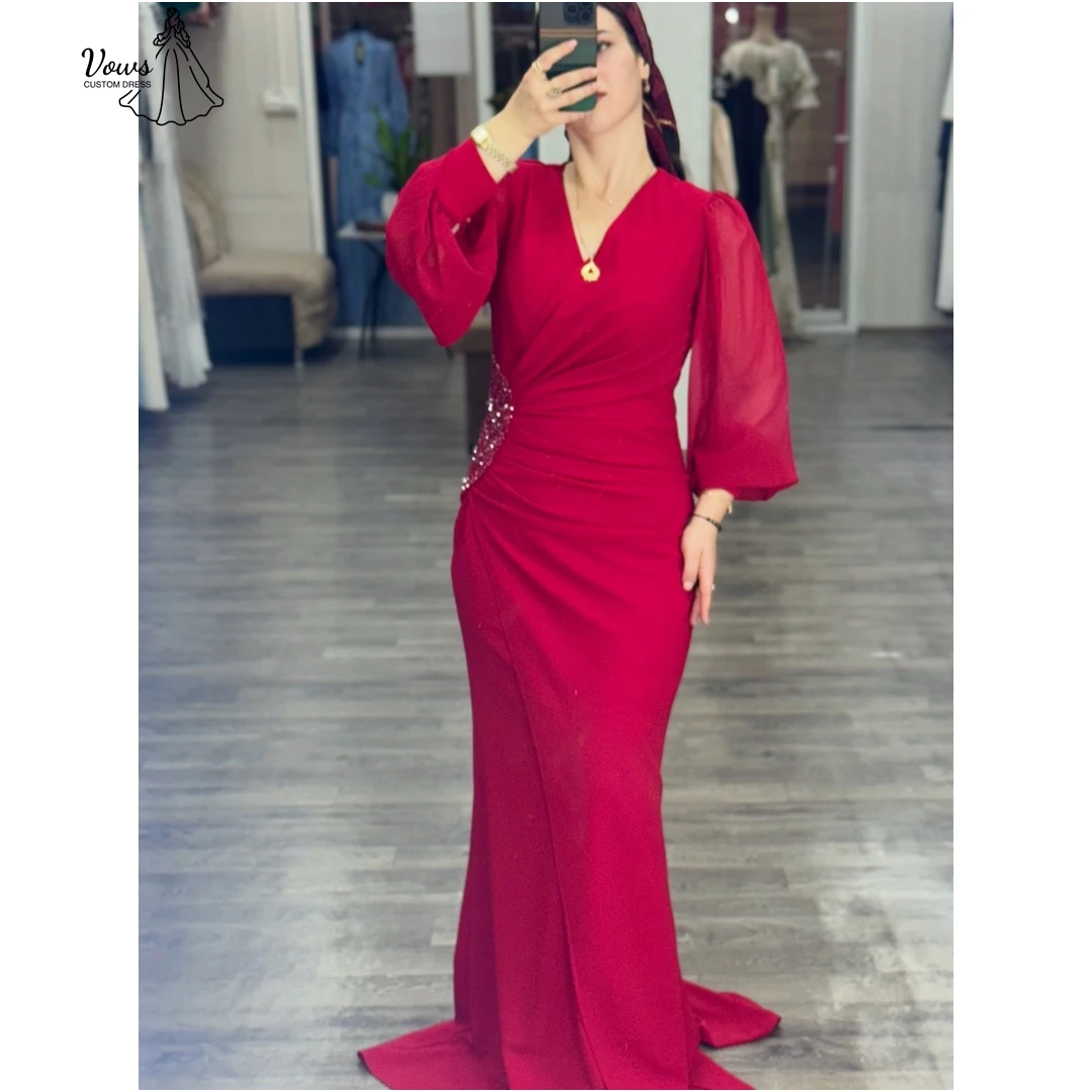 

Vows Fishtail Skirt Luxurious Women's Evening Dresses 2025 Woman Custom Made Wedding Guest Woman Dress V-neck Red Chiffon Prom