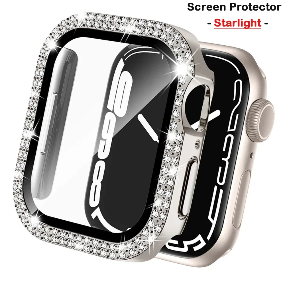 Diamond Cover For Apple watch Case 45mm 41mm 44mm 40mm 42mm 38mm Bling Bumper Screen Protector Glass iWatch serie 9 7 3 8 5 6 se