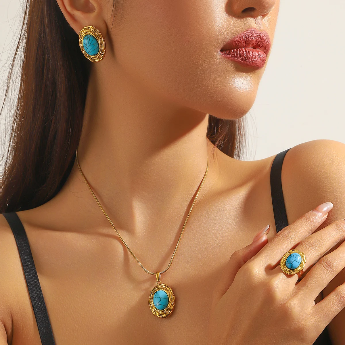 DIEYURO 316L Stainless Steel Golden Elliptical Inlaid Turquoise Pendant Necklace Earrings Ring Set Womens Fashion Jewelry Gift