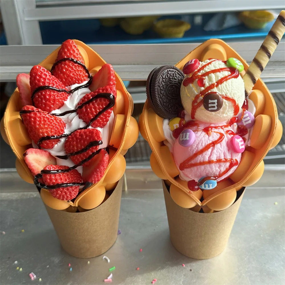 2pcs Set Sweet Sugar Ice Cream Scoop Strawberry Chocolate Sauce Cream Street Snacks Cart Market Sales Model Gift Bubble Waffle