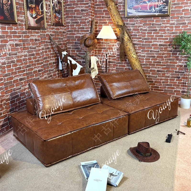 

XM American Retro Sofa Oil Wax Real Cowhide Single Tofu Square Medium And Ancient Nordic Small Apartment
