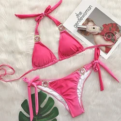 Summer Pink Sexy Bikinis Swimsuit With Rhinestones Swimwear Female Push Up Bikini Beach Swim Wear Bathing Suit Women Bather 2023