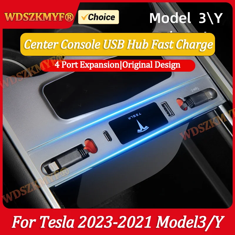 

for Tesla Center Console USB Hub Compatible Model 3 Model Y Fast charging Accessories Type-C Fast Charge with Retractable Cable